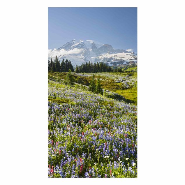 Douchewand bekleding - Mountain Meadow With Blue Flowers in Front of Mt. Rainier