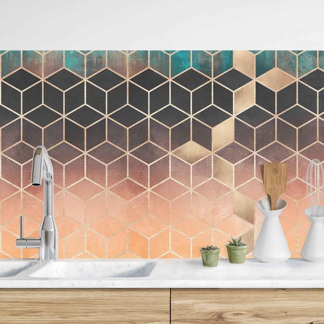 Achterwand voor keuken patroon Turquoise Rosé Golden Geometry II