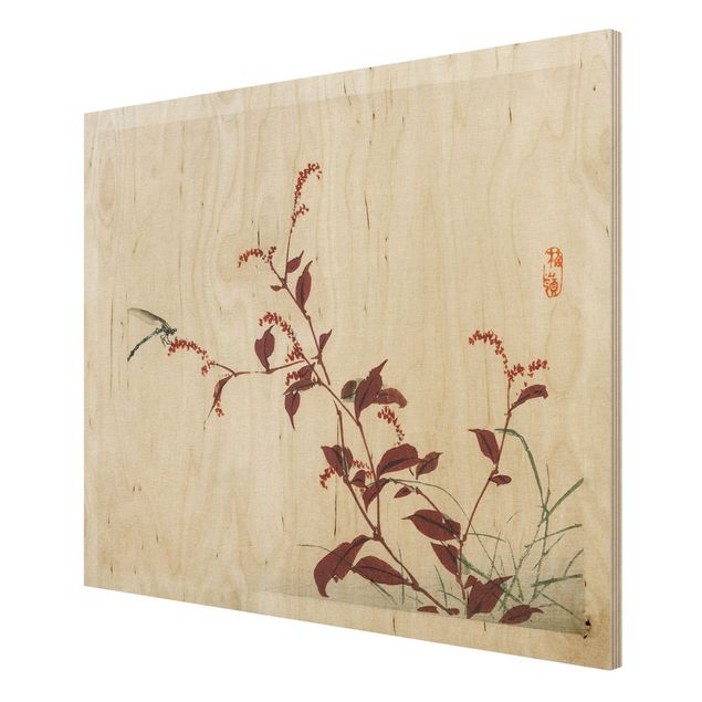Houten schilderijen Asian Vintage Drawing Red Branch With Dragonfly