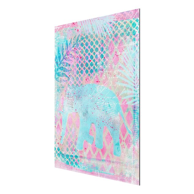 Aluminium Dibond schilderijen Colourful Collage - Elephant In Blue And Pink