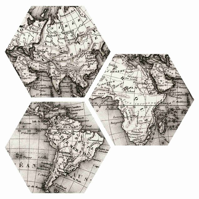 Hexagons Aluminium Dibond schilderijen - 3-delig Old World Map Details