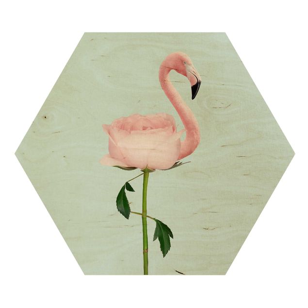 Hexagons houten schilderijen Flamingo With Rose