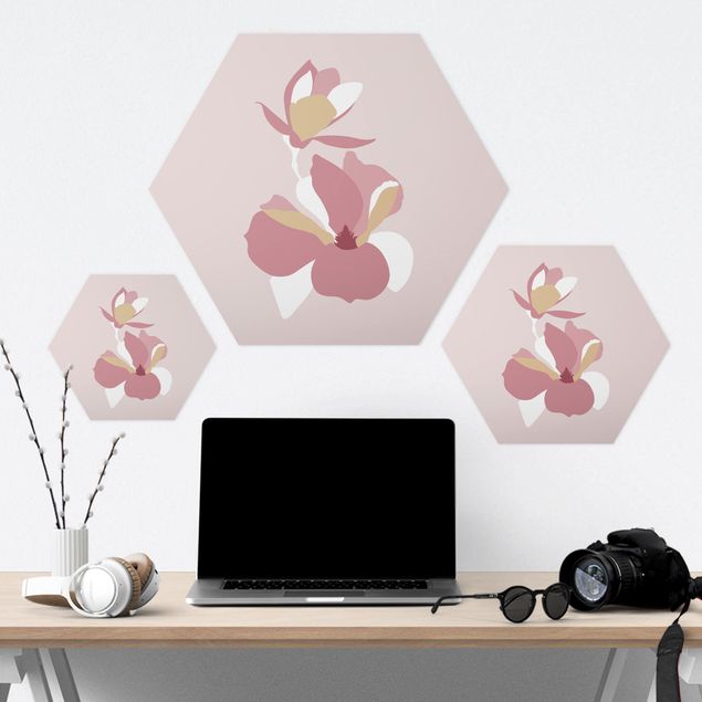 Hexagons Forex schilderijen Line Art Flowers Pastel Pink