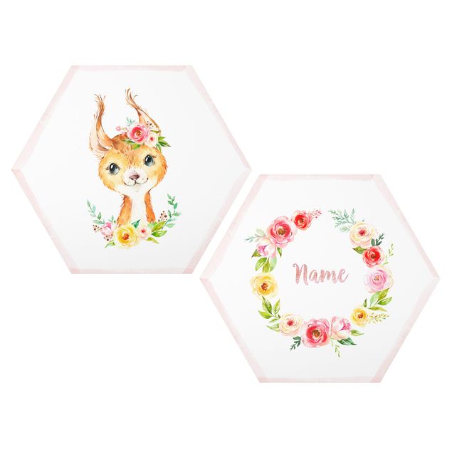 Hexagons Forex schilderijen - 2-delig Watercolour Forest Animals Flowers With Desired Name
