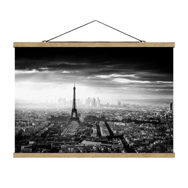 Stoffen schilderij met posterlijst The Eiffel Tower From Above Black And White
