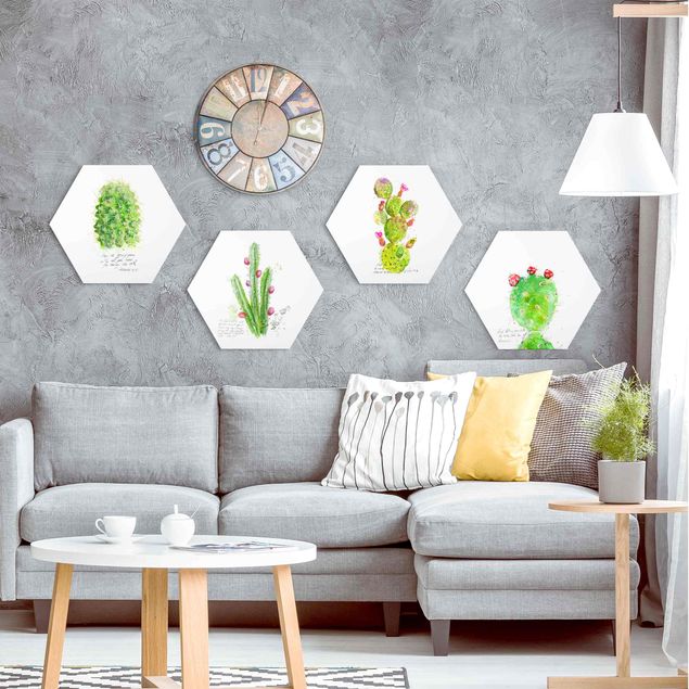 Hexagons Forex schilderijen - 4-delig Cactus With Bible Verse Set I