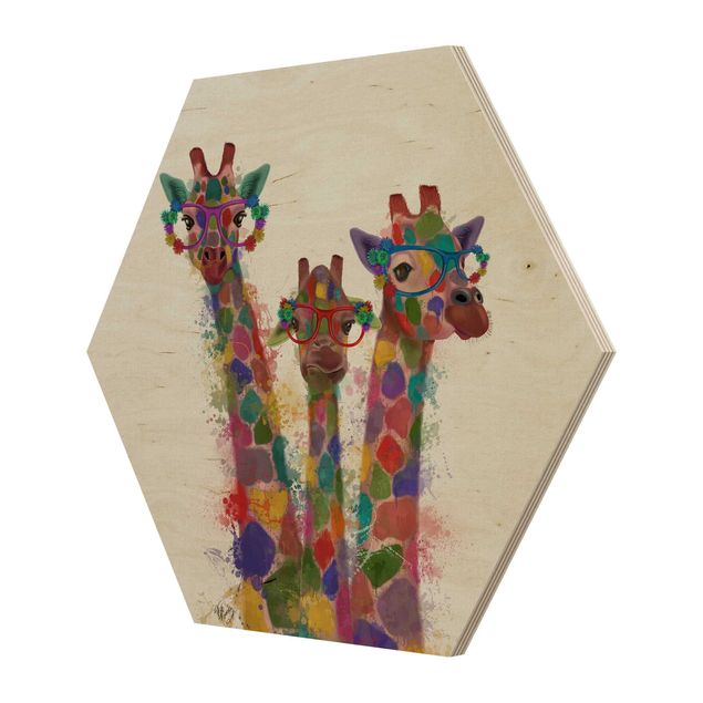 Hexagons houten schilderijen Rainbow Splash Giraffe Trio