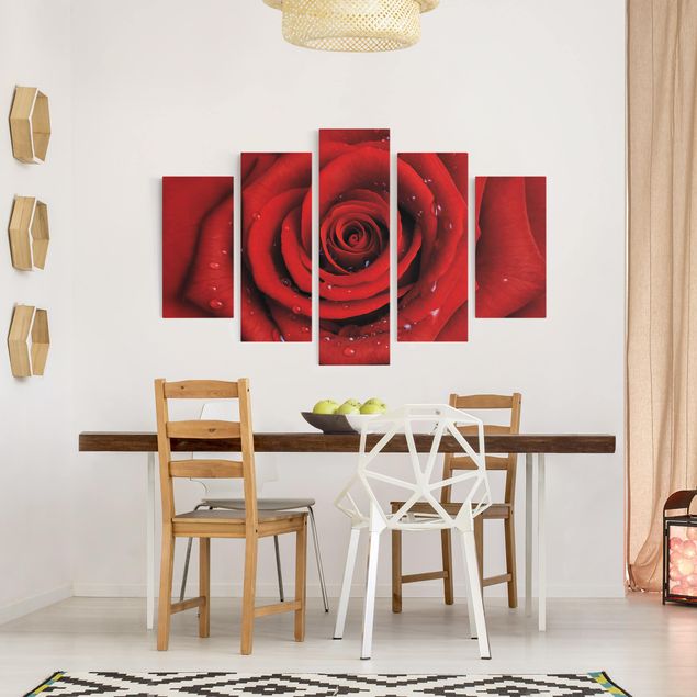 Canvas schilderijen - 5-delig Red Rose With Water Drops