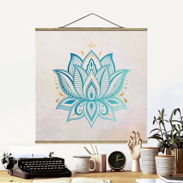Stoffen schilderij met posterlijst Lotus Illustration Mandala Gold Blue