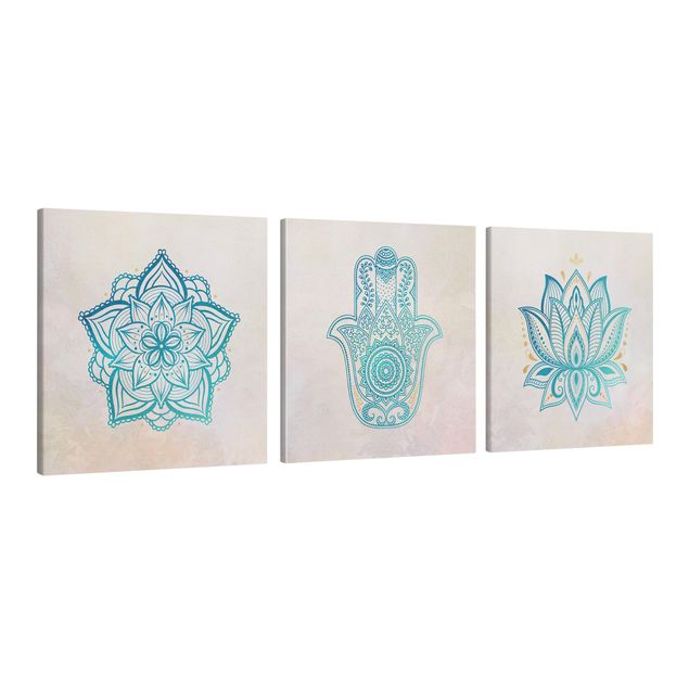 Canvas schilderijen Mandala Hamsa Hand Lotus Set Gold Blue