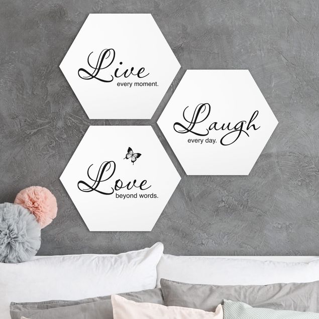 Hexagons Aluminium Dibond schilderijen - 3-delig Live Laugh Love