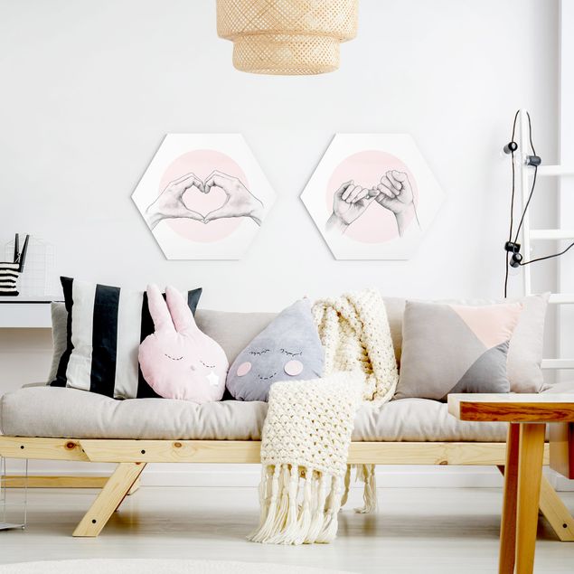 Hexagons Aluminium Dibond schilderijen - 2-delig Drawings On Pink