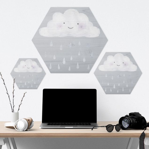 Hexagons Aluminium Dibond schilderijen Cloud With Silver Raindrops