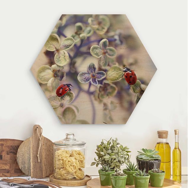 Hexagons houten schilderijen Ladybird In The Garden
