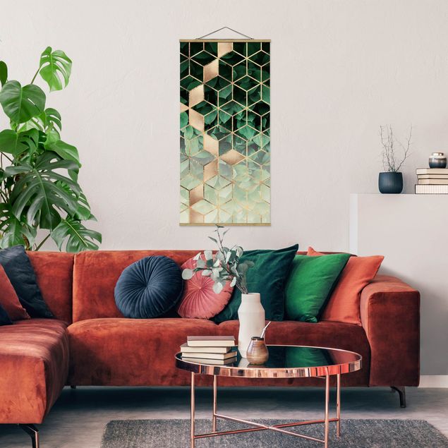 Stoffen schilderij met posterlijst Green Leaves Golden Geometry