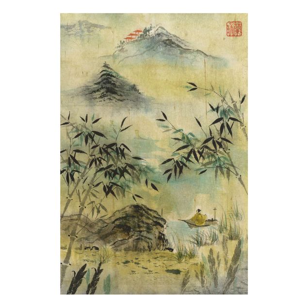 Houten schilderijen Japanese Watercolour Drawing Bamboo Forest