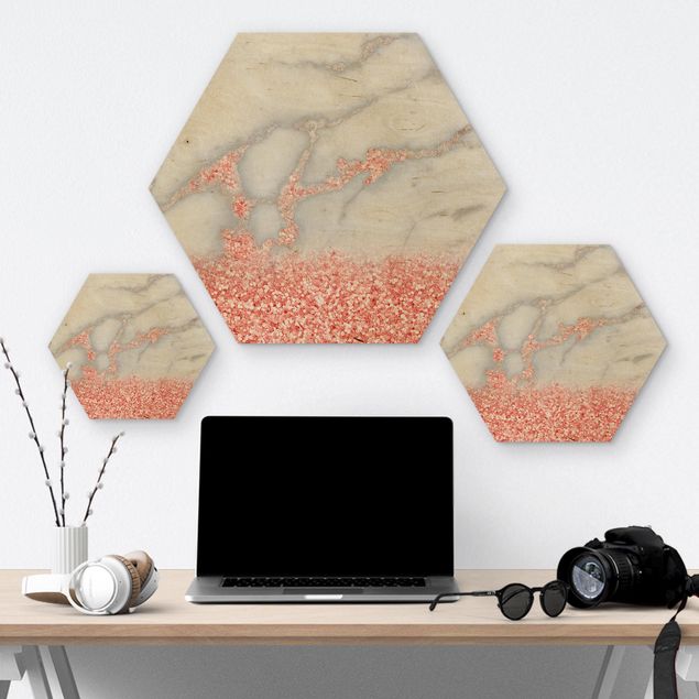 Hexagons houten schilderijen Marble Optics With Pink Confetti