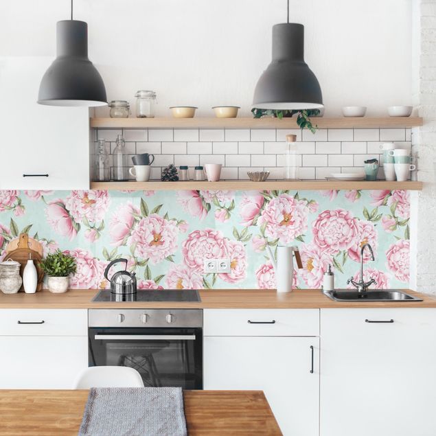 Achterwand voor keuken patroon Pink Flowers On Mint Green In Watercolour