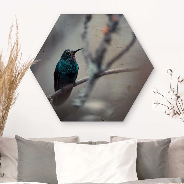 Hexagons houten schilderijen Hummingbird In Winter