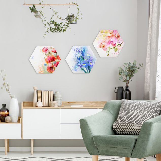 Hexagons Aluminium Dibond schilderijen - 3-delig Watercolour Flower Trio