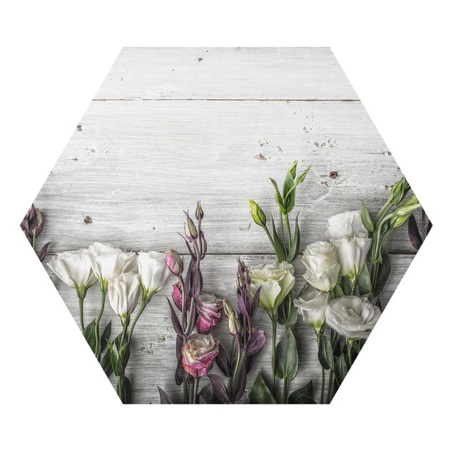Hexagons Aluminium Dibond schilderijen Tulip Rose Shabby Wood Look