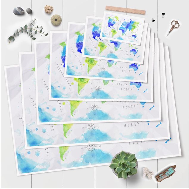 Posters World Map Watercolour Blue Green