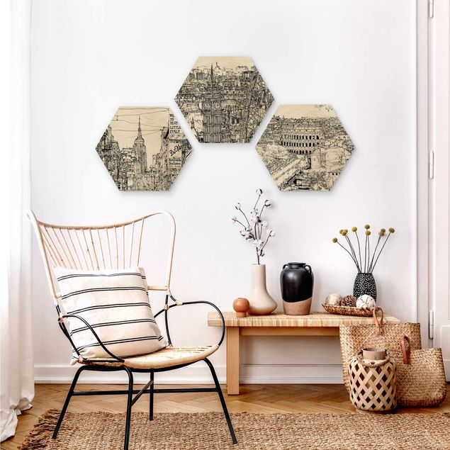 Hexagons houten schilderijen - 3-delig City Studies - New York - London - Rome