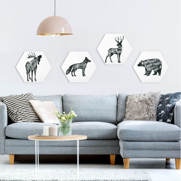 Hexagons Aluminium Dibond schilderijen - 4-delig Animals With Wisdom Set I