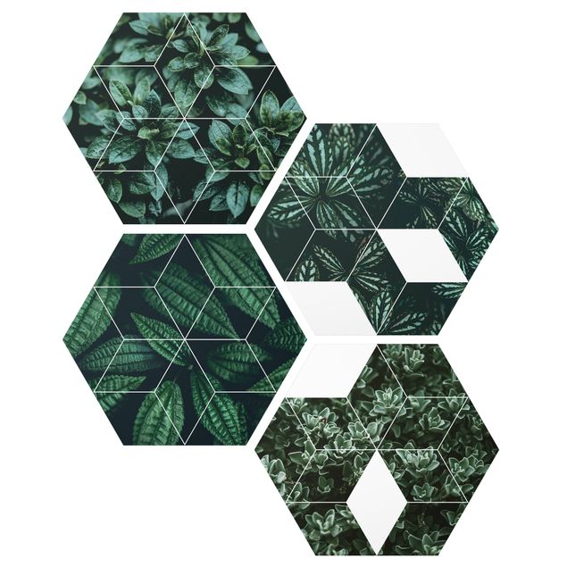 Hexagons Aluminium Dibond schilderijen - 4-delig Green Leaves Geometry Set I