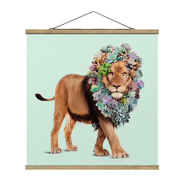 Stoffen schilderij met posterlijst Lion With Succulents