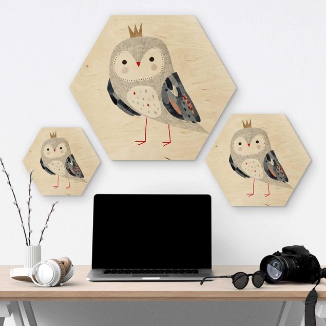 Hexagons houten schilderijen Crowned Owl Light