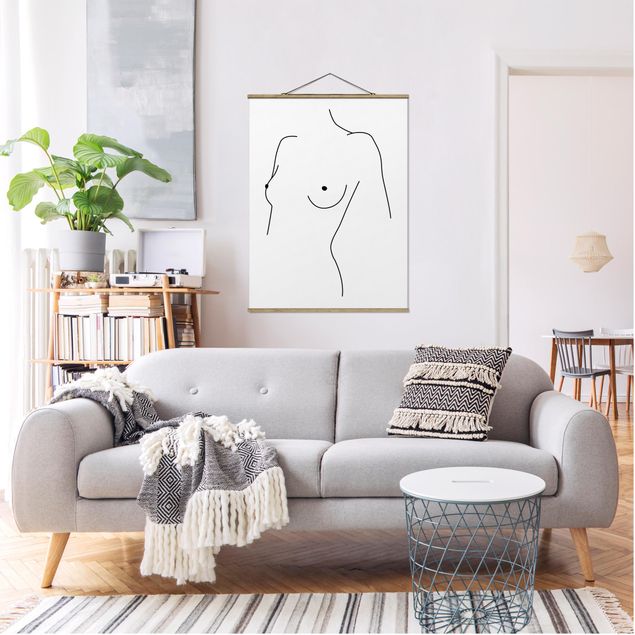 Stoffen schilderij met posterlijst Line Art Nude Bust Woman Black And White