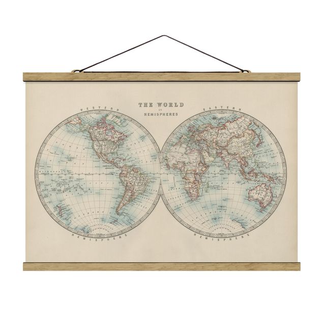 Stoffen schilderij met posterlijst Vintage World Map The Two Hemispheres