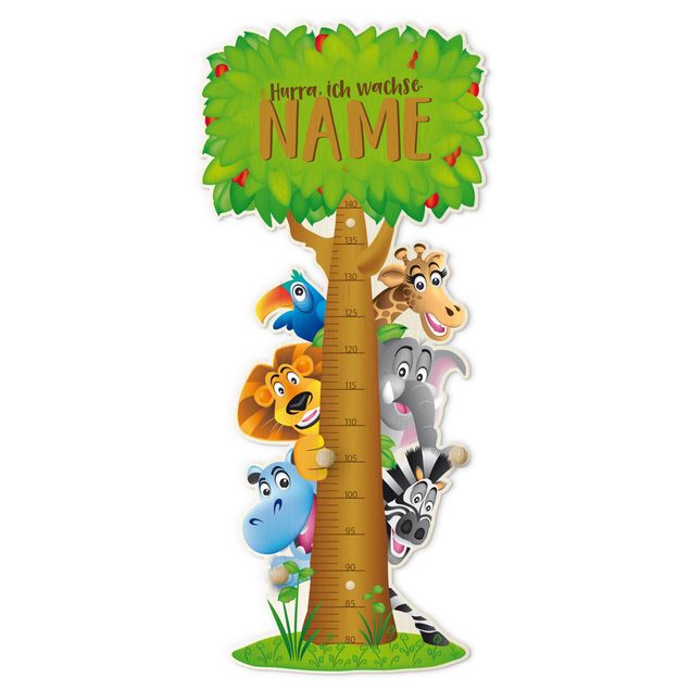 Groeimeter kinderen hout met haken - No.BF1 Jungle Animals with custom name