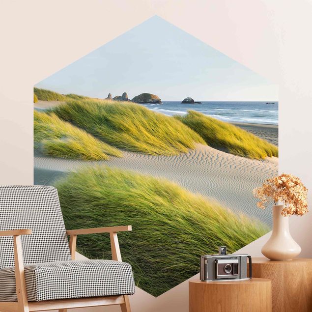 Hexagon Behang Dunes And Grasses At The Sea