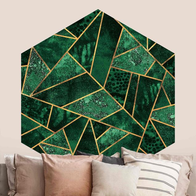 Hexagon Behang Dark Emerald With Gold