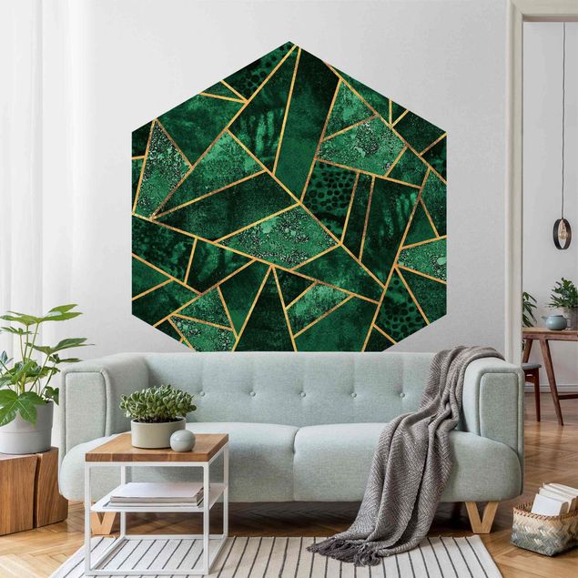 Hexagon Behang Dark Emerald With Gold