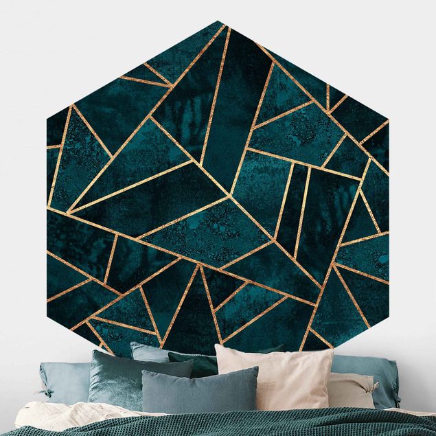 Hexagon Behang Dark Turquoise With Gold