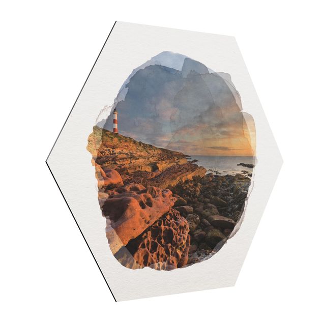Hexagons Aluminium Dibond schilderijen WaterColours - Tarbat Ness Sea & Lighthouse At Sunset