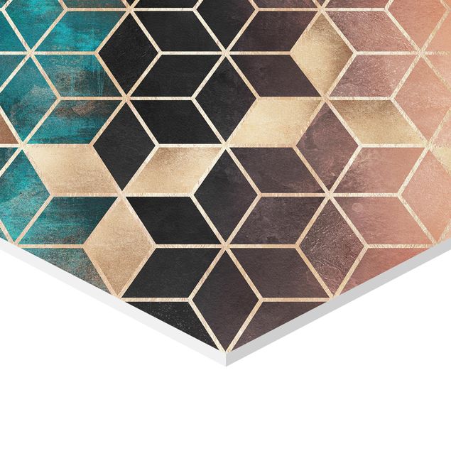 Hexagons Forex schilderijen Turquoise Rosé Golden Geometry