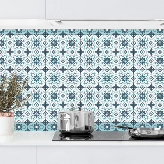 Achterwand voor keuken patroon Geometrical Tile Mix Flower Turquoise