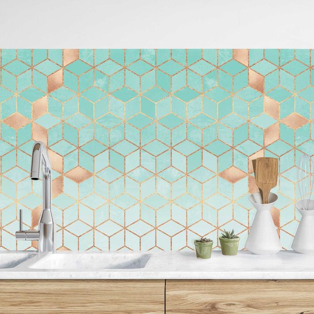 Achterwand voor keuken patroon Turquoise White Golden Geometry II