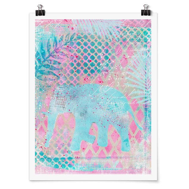Posters Colourful Collage - Elephant In Blue And Pink