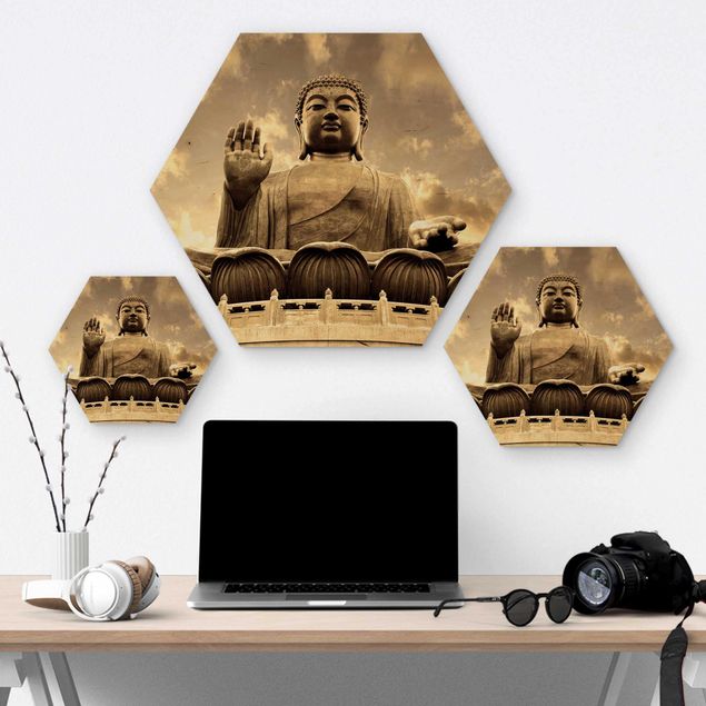 Hexagons houten schilderijen Big Buddha Sepia