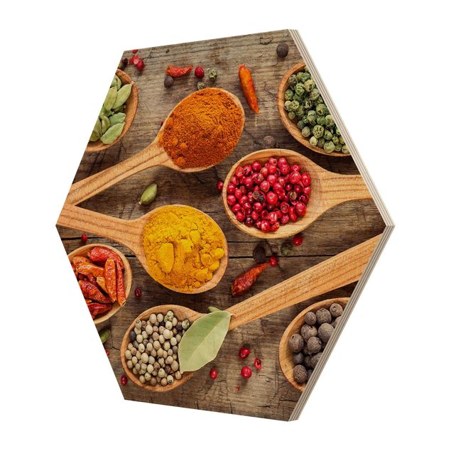 Hexagons houten schilderijen Spices On Wooden Spoon