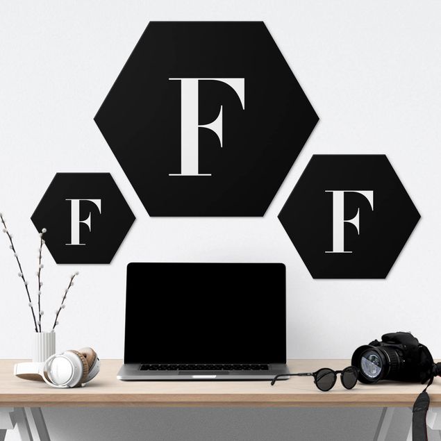 Hexagons Aluminium Dibond schilderijen Letter Serif Black F
