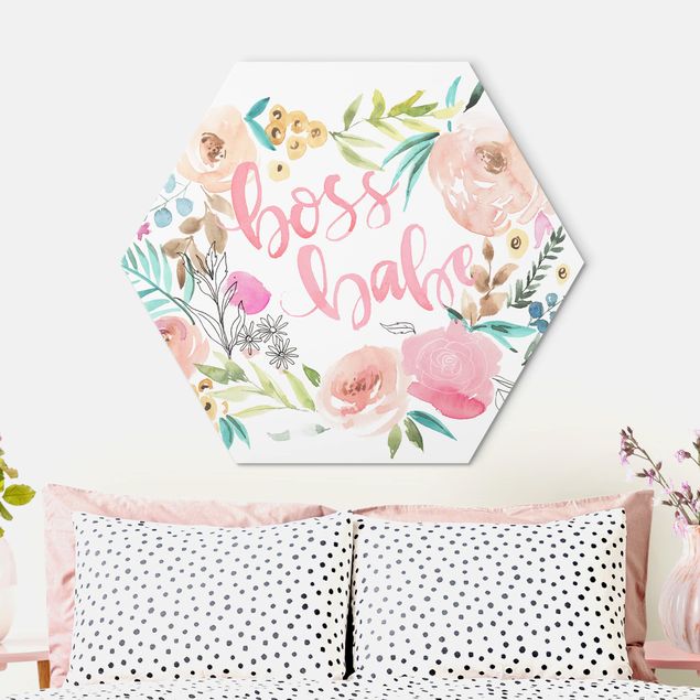 Hexagons Aluminium Dibond schilderijen Pink Flowers - Boss Babe