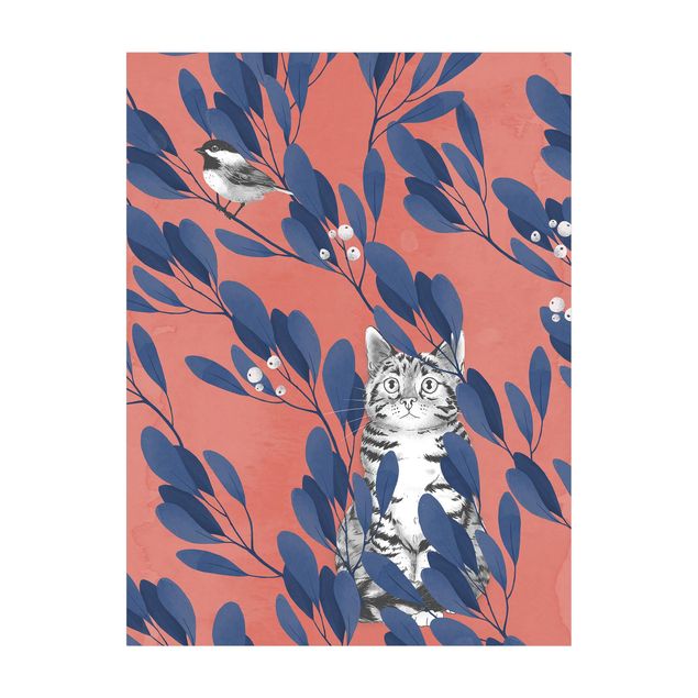 Vinyl tapijt Illustration Cat and Bird On Branch Blue Red