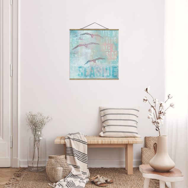 Stoffen schilderij met posterlijst Shabby Chic Collage - Seagulls