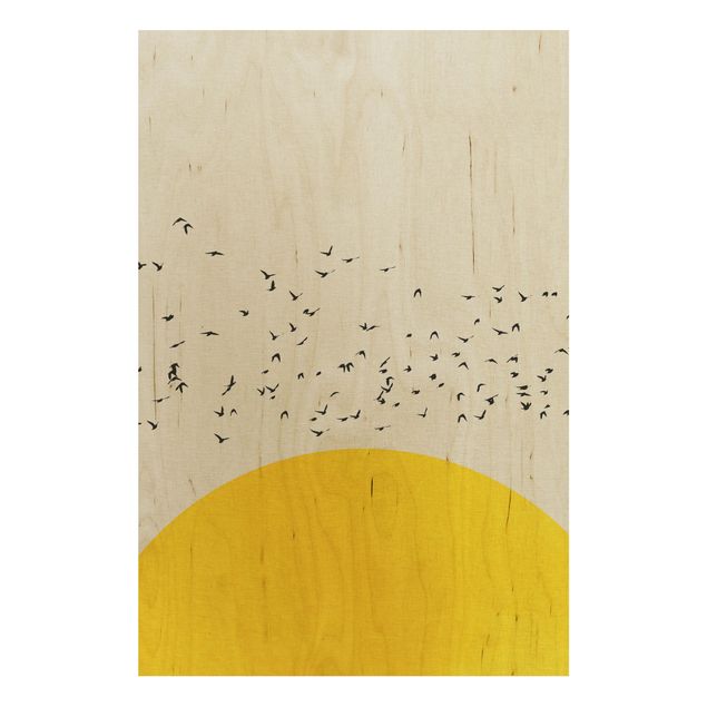 Houten schilderijen Flock Of Birds In Front Of Yellow Sun